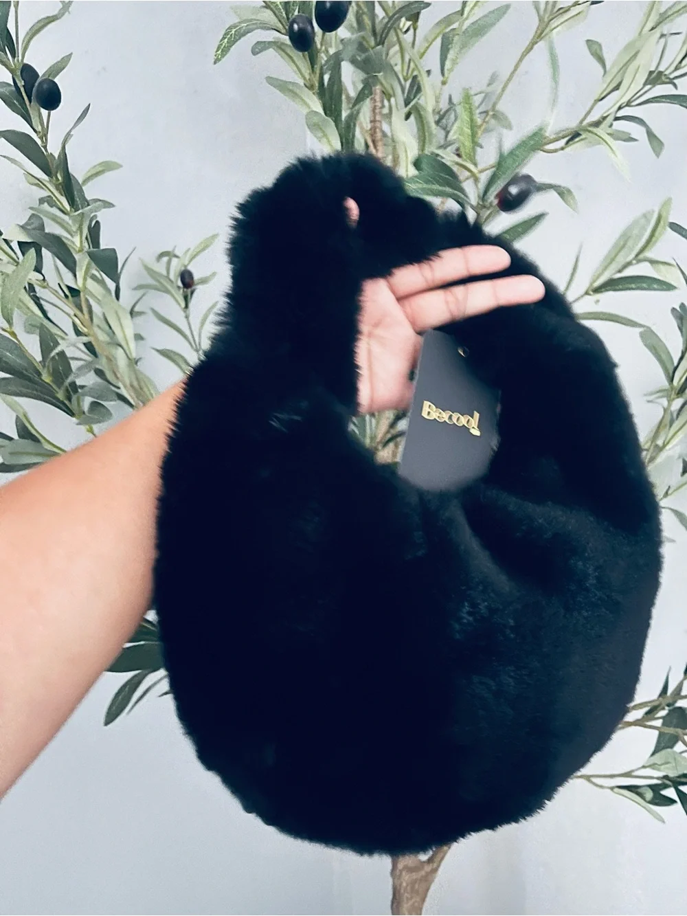 BE COOL Black Plush Faux Fur Hobo Bag